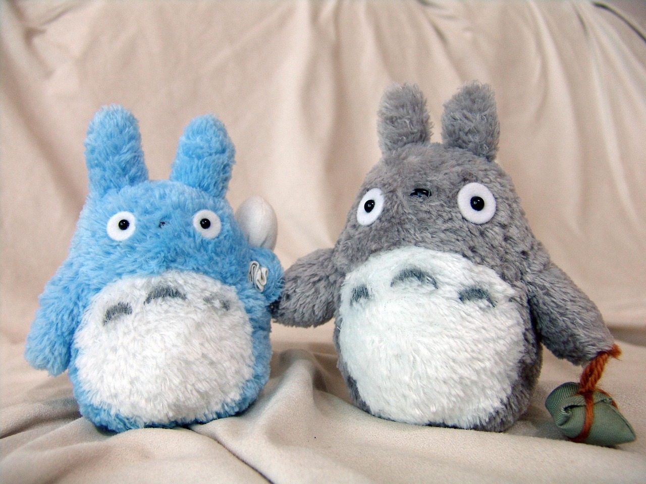 Two photographed My Neighbor Totoro plush dolls in blue and grey